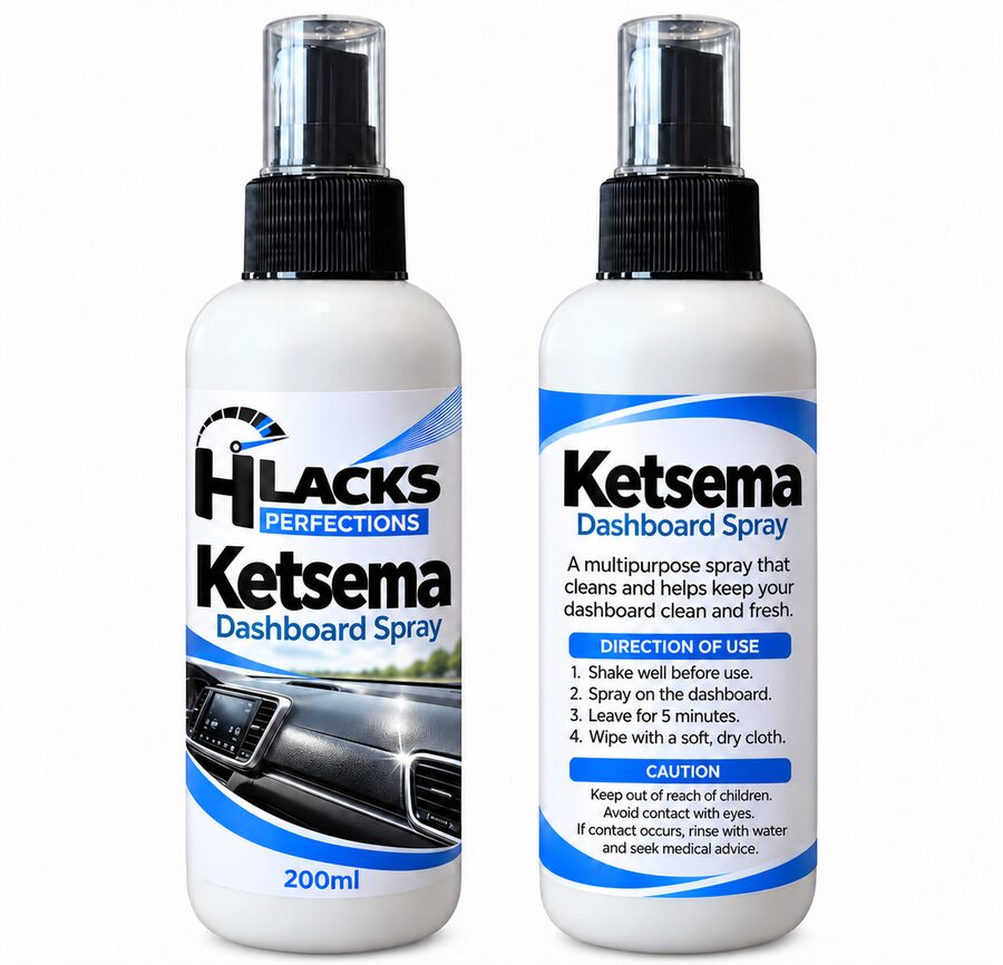 Hlacks Perfections Ketsema dashboard spray with a shiny car dashboard on its front label